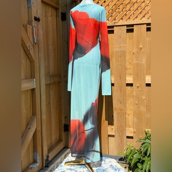 🆕 RAT & BOA 🧿 NWOT Santino Sheer Long Sleeve Dress, Blue with Red Tulip, Sz M - Picture 8 of 16